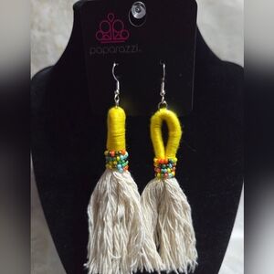 Paparazzi Yellow Loop Earrings with Cream Tassels and Multicolor Beads